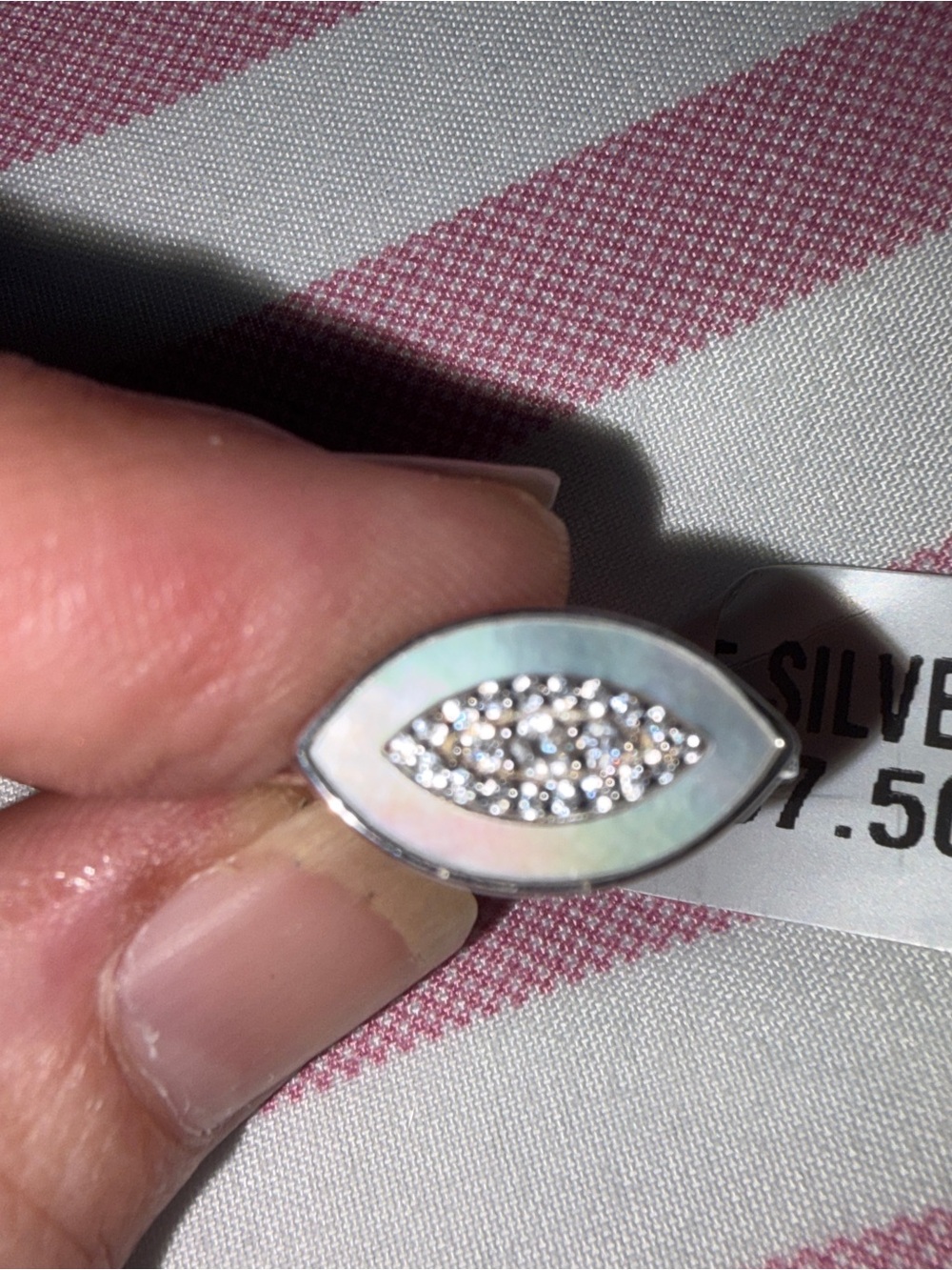 Sterling Silver White Mother-of-Pearl Marquise Ring with Pavé Stones